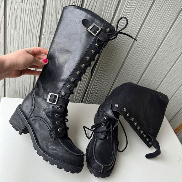 VTG Zodiac Black Leather Combat Boots SZ 7 Platform Lug Sole Y2K Gothcore - Picture 1 of 11
